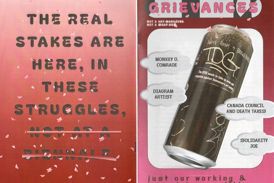 Cover of "Grievances" magazine. One side has a graphic that says "The real stakes are here, in these struggles, not at a biennale." Cover of "Grievances" magazine. One side has a graphic that says "The real stakes are here, in these struggles, not at a biennale."