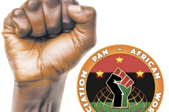 A raised fist and the Pan-African Workers Association Emblem