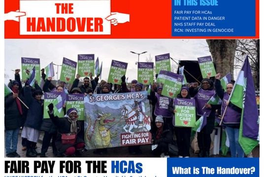 A screenshot of the bulletin, including a photos of HCAs outside St George's Hospital with placards and flags