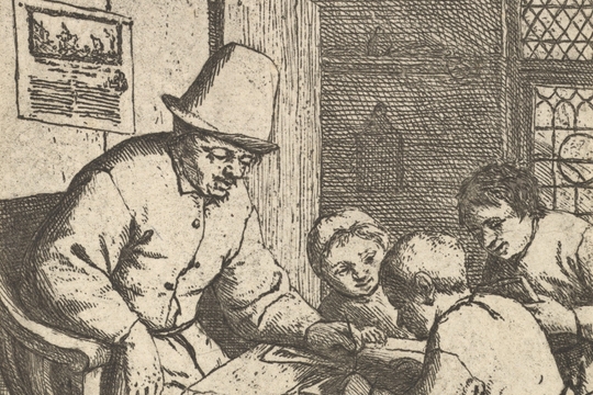 "The Schoolmaster" woodprint by Adriaen van Ostade. The print shows a teacher in a broad-brimmed hat leans over a table, guiding three children with a book.