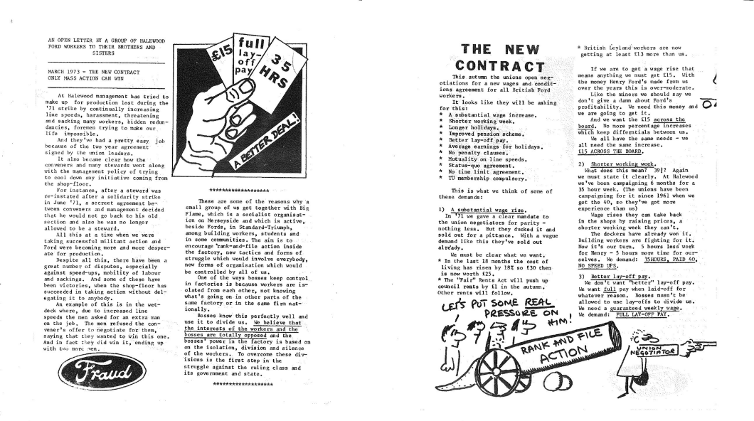 Two-page black and white leaflet. Left: Illustration of a hand holding papers with text "£15 full pay 35 HRS." Emphasizes contract demands. Right: Headline "The New Contract" with sketches of workers with a cannon behind a union negotiator with a gun.