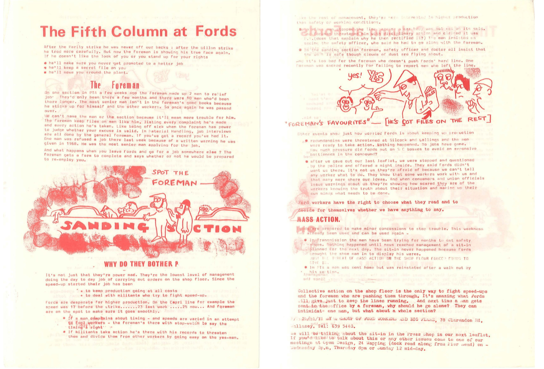 "The Fifth Column at Fords" leaflet in red ink on white paper, featuring text and sketches. Made by Big Flame, it critiques the role of foremen in the Ford factories.